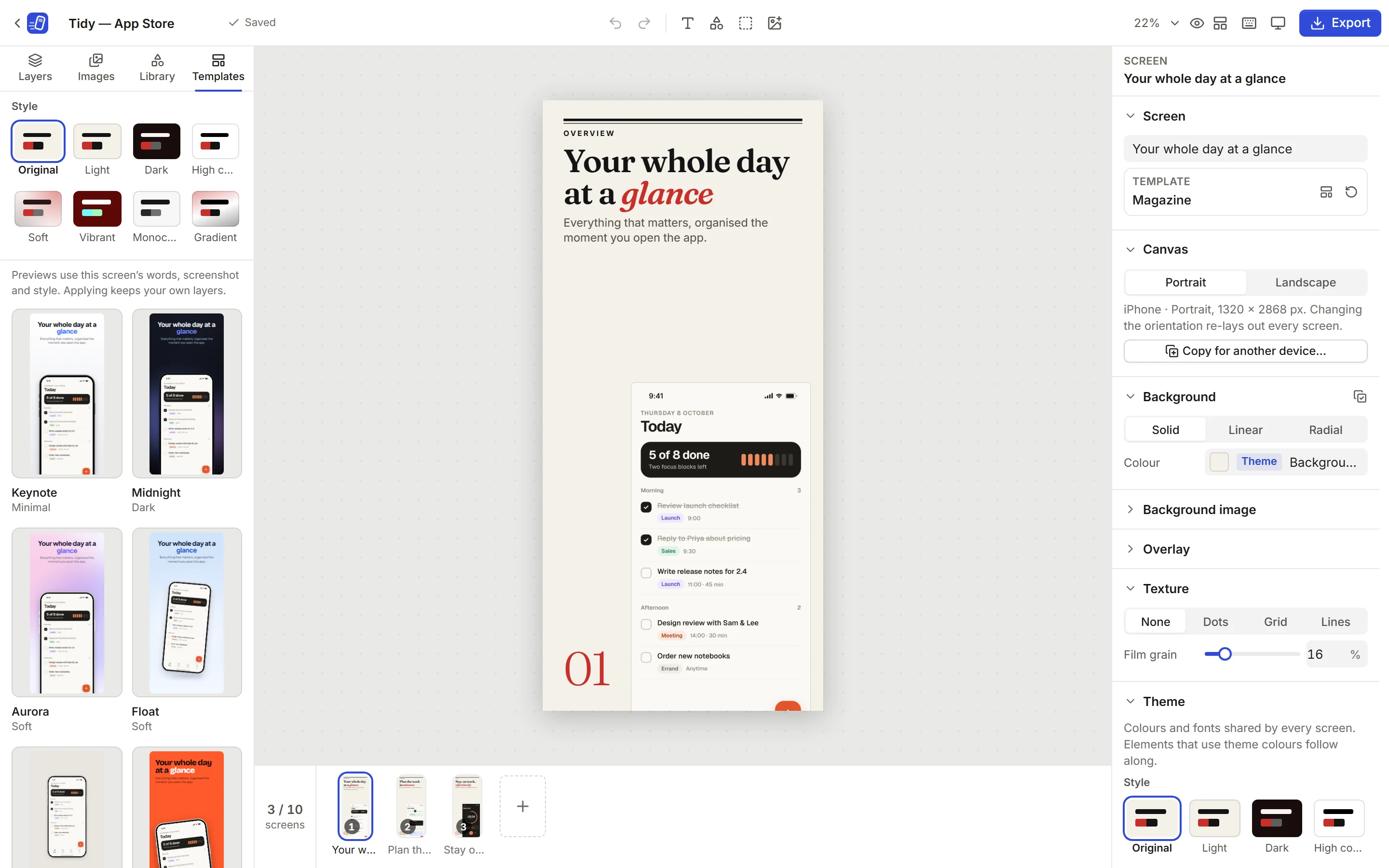 The ShipShots editor: a strip of three screens, the canvas, and the template picker previewing the current screen in each layout.