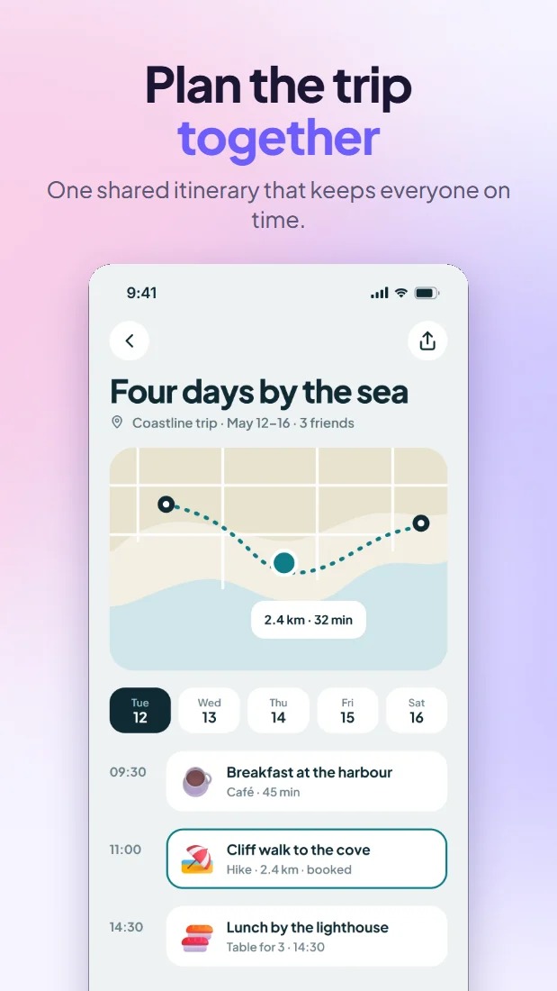 A Google Play screenshot for Waymark, an invented travel app, made in ShipShots on the Android phone canvas without a device frame.
